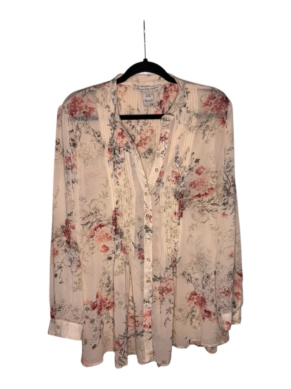 American Rag Cream Floral Button-Down Blouse with Pink Accents